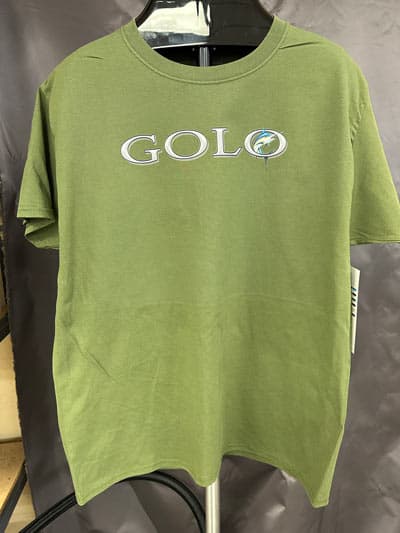 Green T-shirt with "GOLO" logo and globe design, suitable for silk screen and embroidery printing.